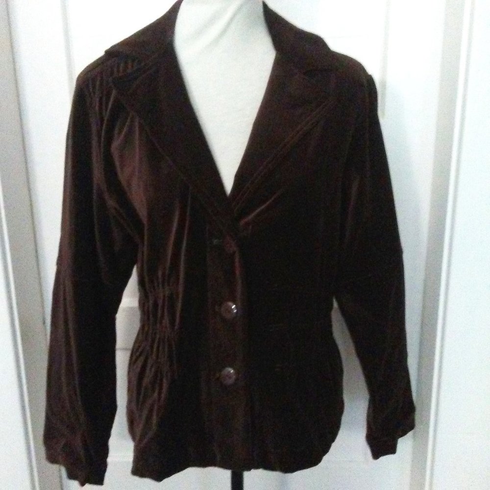 Joan Rivers Brown Velveteen Gathered Waist Lined 3 Button Blazer/ Jacket Sz. Lg.